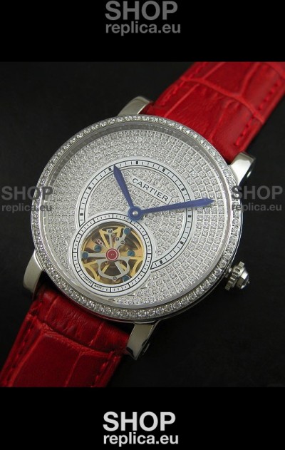 Cartier Ronde de Tourbillon Japanese Replica Diamond Watch in Red Strap