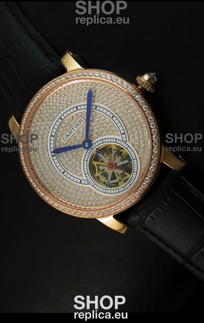 Ronde De Cartier Tourbillon Replica Watch Pink Gold Case - Black Strap