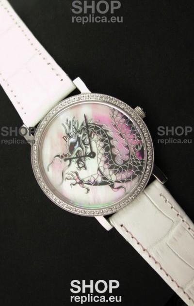 Piaget Mecanique Dragon Replica Watch in White Leather Strap
