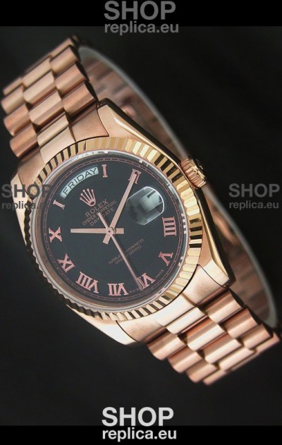 Rolex Day Date Swiss Rose Gold Watch in Black Dial