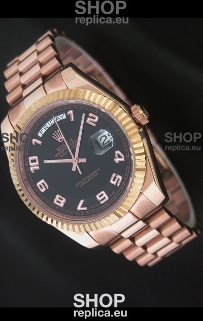 Rolex Day Date Swiss Replica Steel Watch in Black Dial