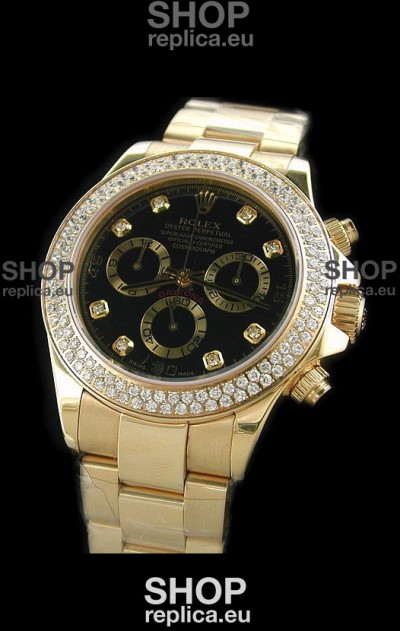 Rolex Daytona Swiss Replica Gold Watch in Full Diamond Bezel