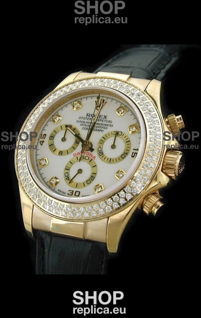 Rolex Daytona Cosmograph Swiss Replica Gold Watch in Diamond Bezel