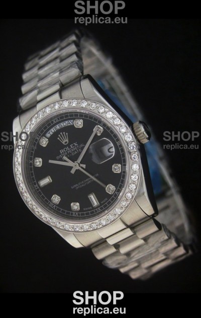 Rolex Day Date Just Japanese Replica Black Watch in Full Diamond Bezel