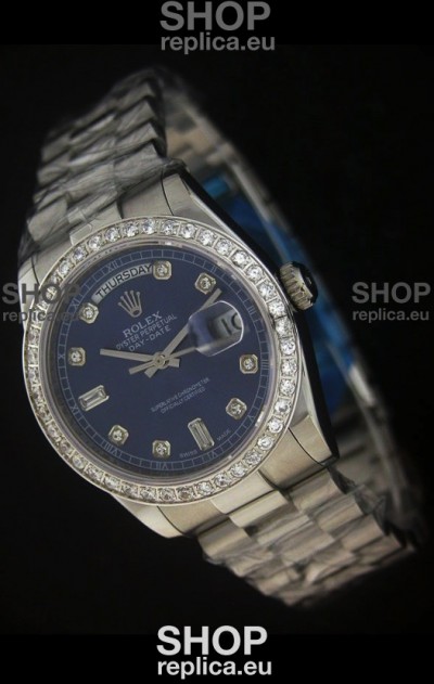 Rolex Day Date Just swiss Replica Blue Watch in Full Diamond Bezel