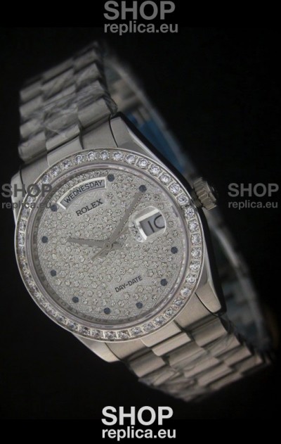 Rolex Day Date Just Japanese Replica Watch in Full Diamonds Dial 