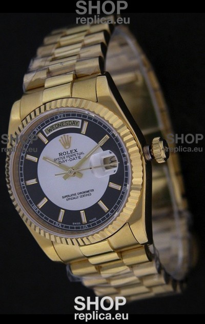 Rolex Day Date Just swiss Replica Yellow Gold Watch in Black & White Dial