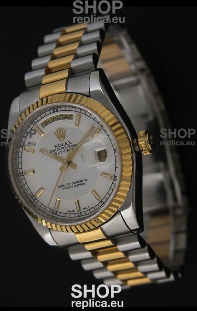 Rolex Day Date Just Japanese Replica Two Tone Gold Watch in White Dial