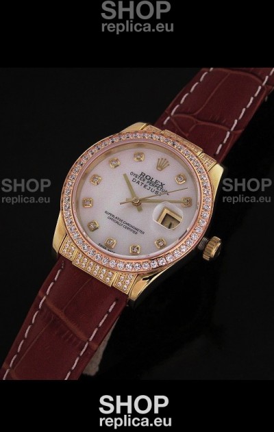 Rolex DateJust Japanese Mens Replica Yellow Gold Watch in Mop White Dial