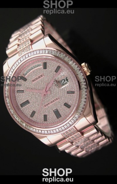Rolex Day Date Japanese Automatic Rose Gold Watch in Diamond Bracelet