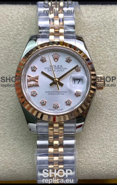 Rolex Datejust 28MM Swiss Replica in 904L Steel 2 Tone Rose Gold in White Dial - 1:1 Mirror Replica