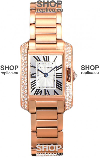 Cartier Tank Anglaise Rose Gold Watch in Steel Strap Diamonds Bezel Swiss Quartz Watch 30MM