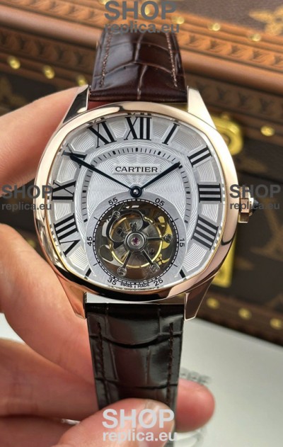 Drive De Cartier Rose Gold Tourbillon Super clone Replica Watch in White Dial 