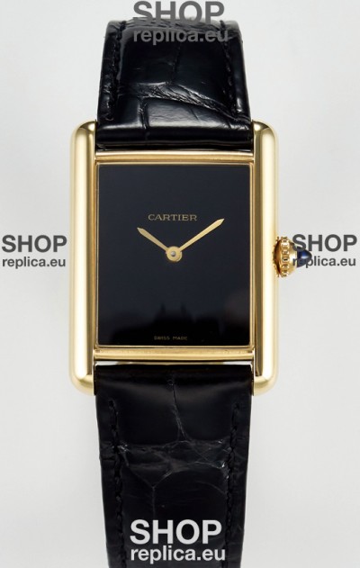 Tank Must Cartier Super Clone Edition 33.7MM Watch in Yellow Gold Casing Black Dial 
