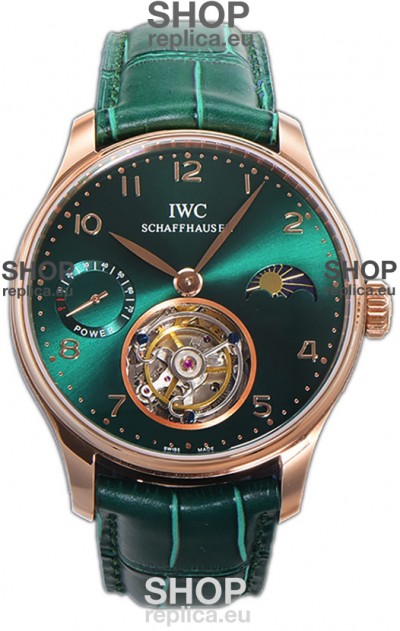 IWC Portugese Hand-Wound Genuine Tourbillon Green Dial Rose Gold Casing Swiss Replica Watch 