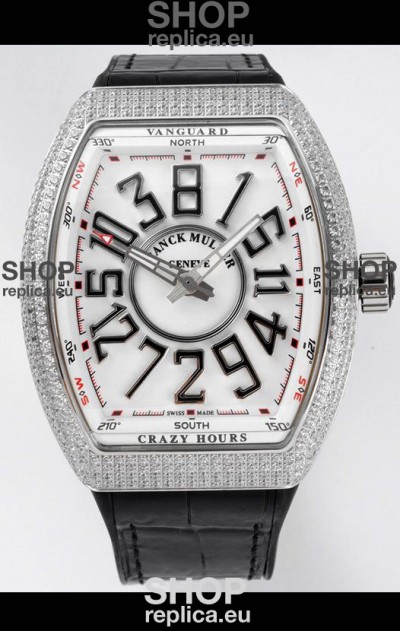 Franck Muller Vanguard Crazy Hours in Stainless Steel Diamonds - White Dial Swiss Replica Watch 