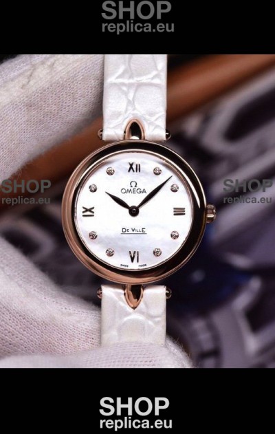 Omega De Ville Prestige Dewdrop Edition Swiss Quartz Watch in Rose Gold White Strap
