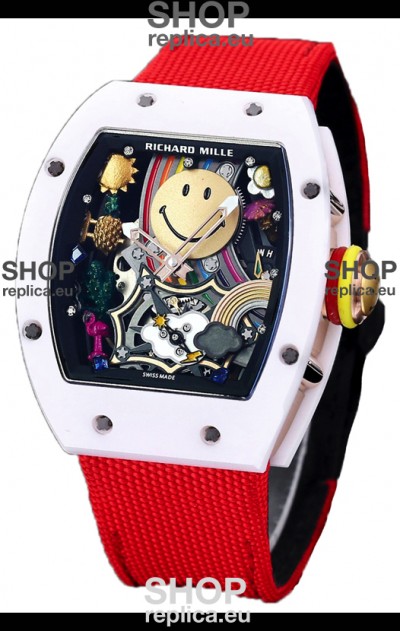 Richard Mille RM088 Smiley Tourbillon White Ceramic Casing Red Nylon Strap Replica Watch 