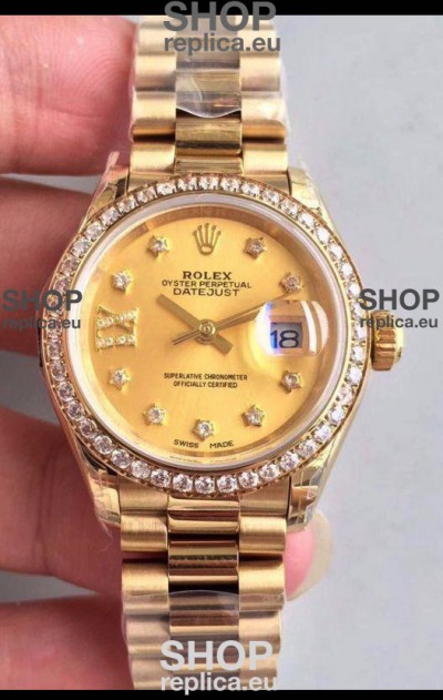 Rolex Datejust Ladies 28MM Cal.3135 Movement Swiss Replica in Gold Dial - 904L Steel Yellow Gold Case