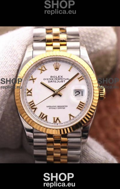 Rolex Datejust 36MM Cal.3135 Movement Swiss Replica Watch in 904L Steel Two Tone Casing White Dial