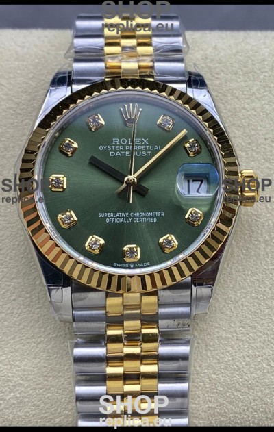 Rolex Datejust 31MM Swiss Watch in 904L Steel Two Tone Yellow Green Dial 1:1 Mirror Replica