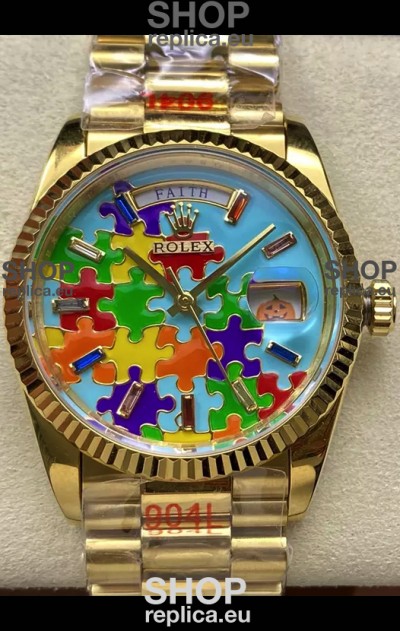 Rolex Day Date Emoji Jig-Saw Puzzle Yellow Gold Casing Swiss Replica Watch 