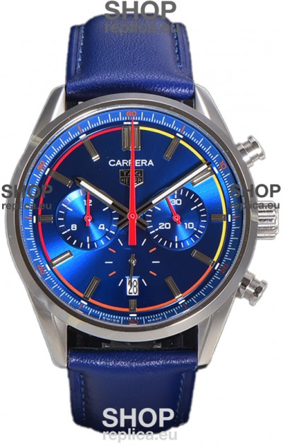 Tag Heuer Carrera Swiss Quartz Movement Replica Watch in Blue Dial - Blue Leather Strap