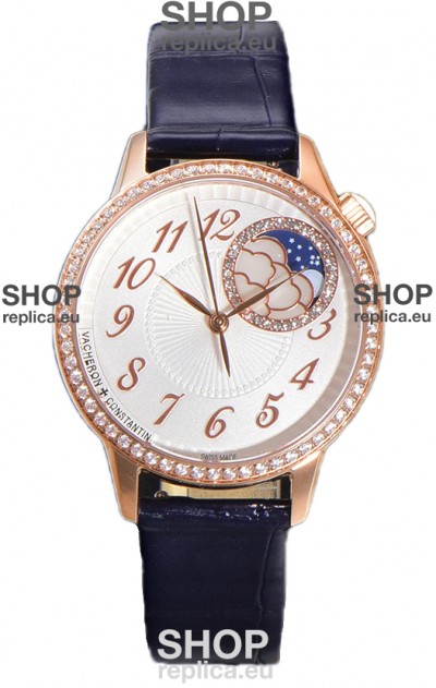 Vacheron Constantin Egerie Muse Moonphase Rose Gold Casing in White Dial Swiss Replica