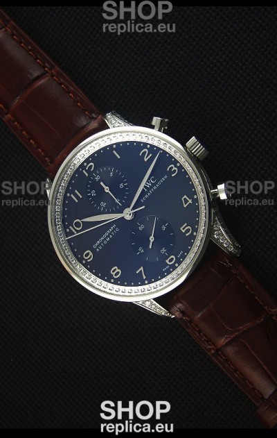 IWC Portuguese Chronograph Black Dial Brown Strap with Diamonds 1:1 Mirror Replica Watch
