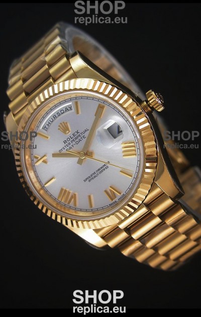Rolex Day-Date 40MM Replica Watch in Silver dial with Roman Hour Numerals Cal.3255 Swiss Movement