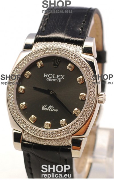 Rolex Cellini Cestello Ladies Swiss Watch in Matte Black Face and Diamond Bezel