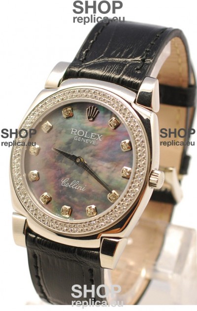 Rolex Cellini Cestello Ladies Swiss Watch in Black Pearl Face Diamonds Markers