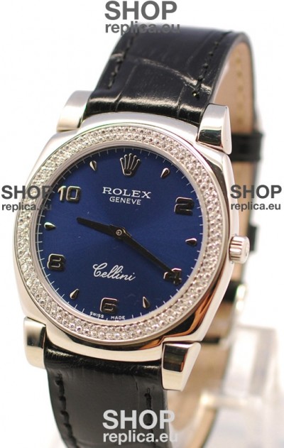 Rolex Cellini Cestello Ladies Swiss Watch in Dark Blue Face Diamonds Bezel 